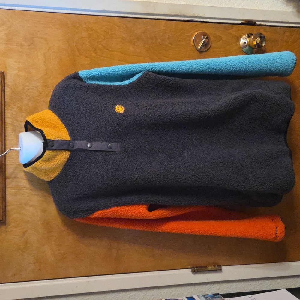 Dutch Bros Coffee Sherpa Fleece Pullover Color Block Sweater Blue Orange Size S